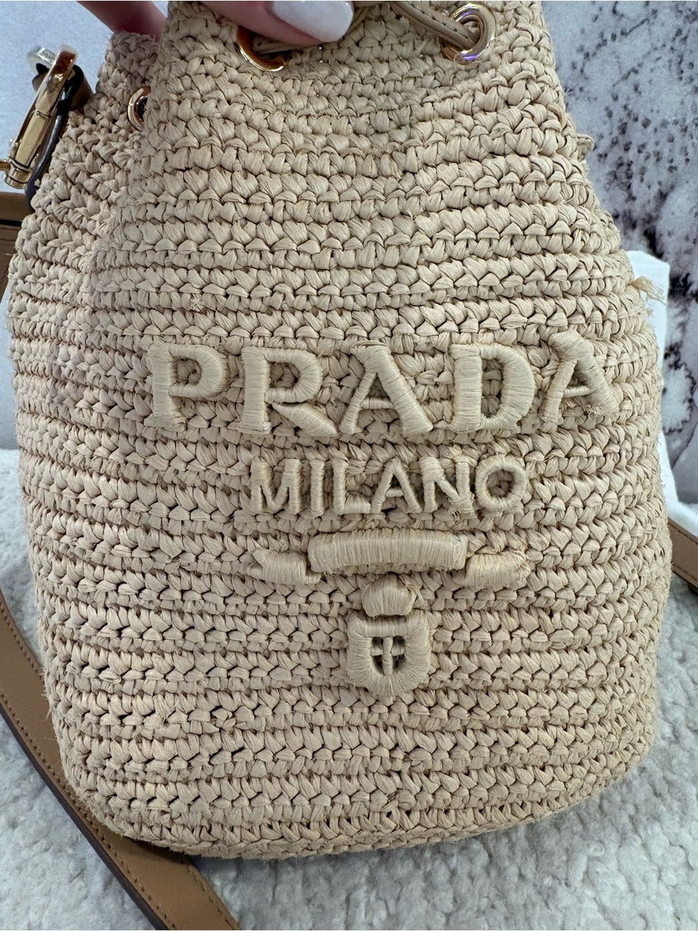 Prada Milano raffia and brown leather bucket tote with top handle and crossbody - Picture 2 of 9